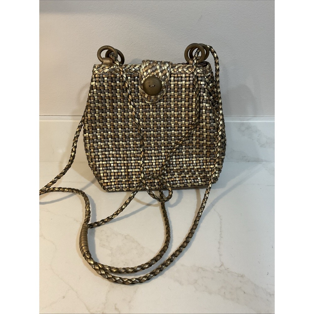 Vintage CEM Purse Leather Woven METALLIC Handbag / Crossbody/ Shoulder Bag